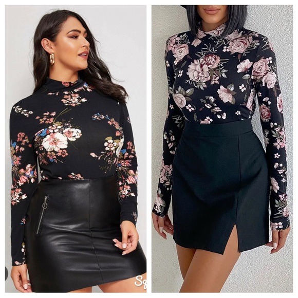 FREDA'S 🇨🇦 CANADIAN MADE Flower Print Black Stretch Mock Neck L/S Top Blouse - Picture 2 of 8